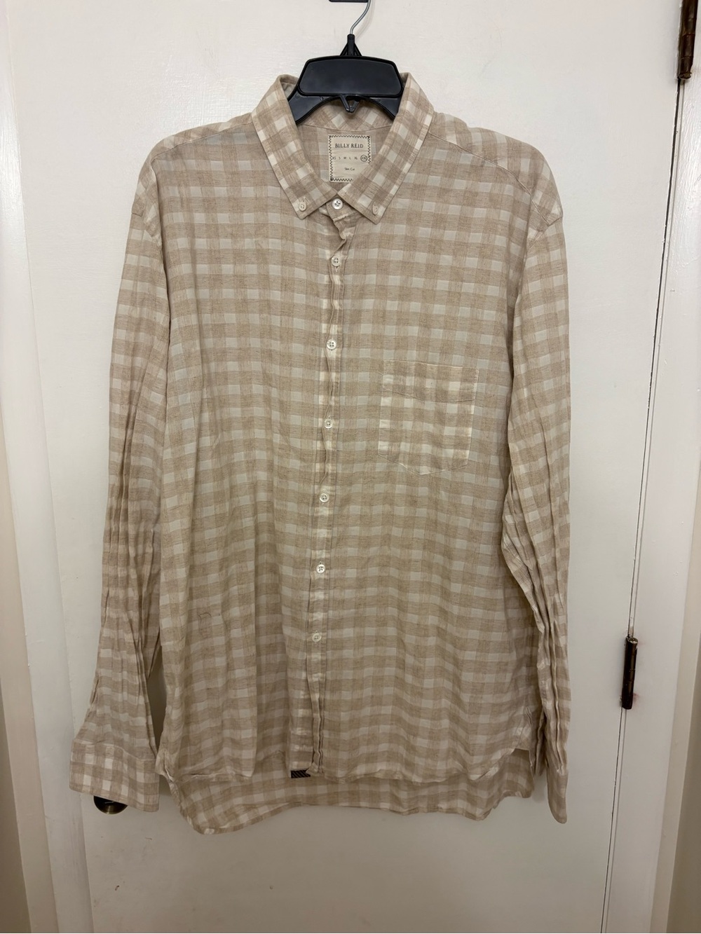Billy Reid Gingham Plaid Button Down Shirt Beige White Cotton Linen Men’s XXL